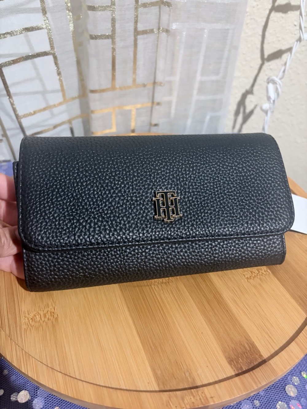 Tommy Hilfiger Black Pebbled Leather Continental Wallet with Gold TH Emblem